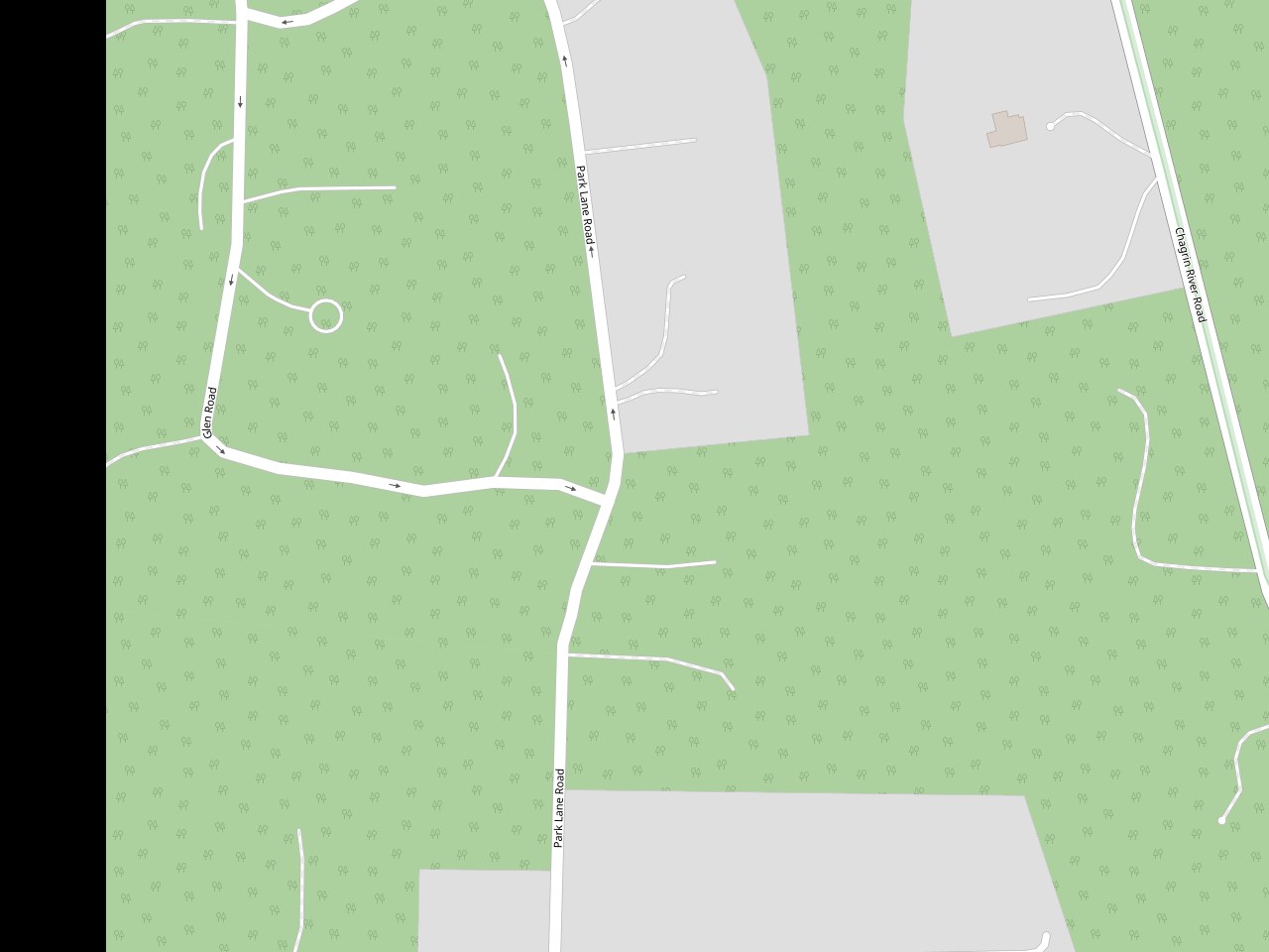 Topographic plat of the lot showing Park Lane Road, Glen Road, and Chagrin River Road framing the wooded 1.3 acres of 50 Park Ln in Moreland Hills